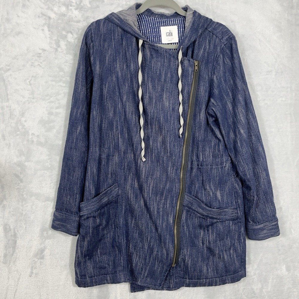 Cabi Jacket Womens Anorak Adventure Asymmetric Full Zip Hooded Coat M Blue Denim